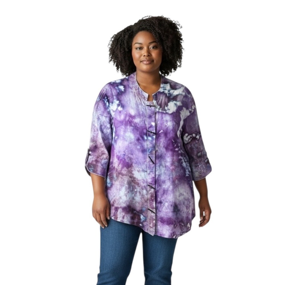 Chico's Large Tunic Top Handmade Purple Tie Dye Asymmetric Hem‎ Artsy Boho 1168